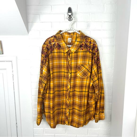 Terra & Sky Tops - Terra & Sky Golden Yellow Plaid Floral Embroidered Flannel Button Down 3X